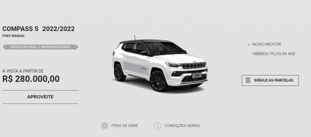 O Jeep Compass 4Xe, primeiro SUV da marca no Brasil com tecnologia híbrida, tem valor promocional de R$ 280 mil