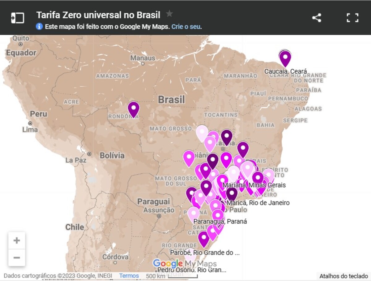 Mapa das cidades brasileiras que possuem tarifa zero no transporte público