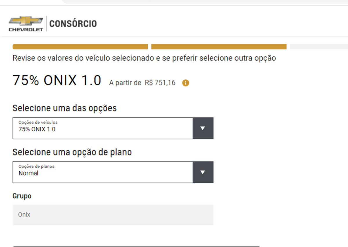 Simulação Consórcio Chevrolet - Foto: Captura de Tela 