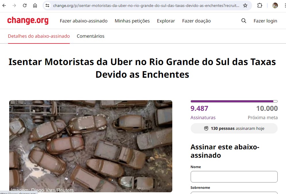 Petição para reduzir taxas dos motoristas de Uber no Rio Grande do Sul - Foto: Captura de tela