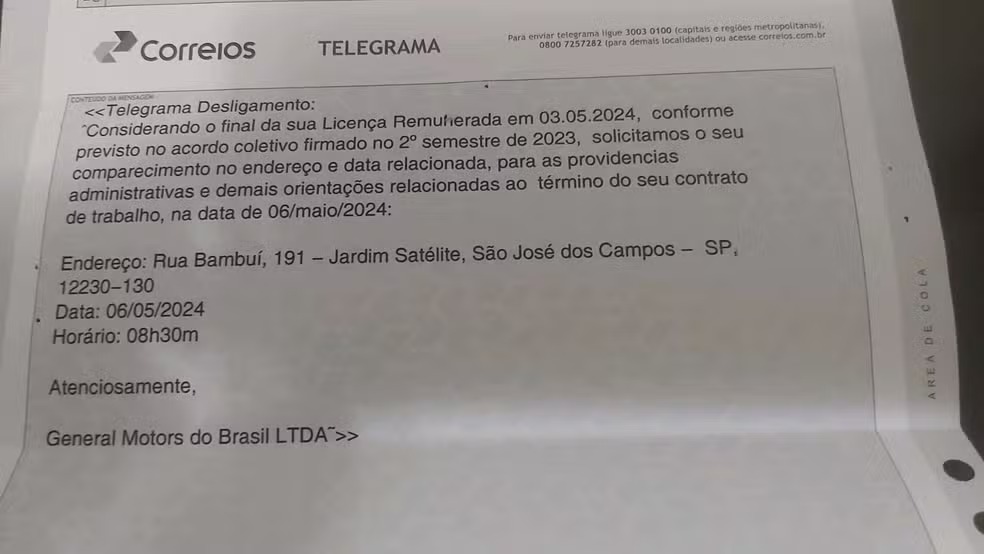 Telegrama enviado pela GM - Foto: Reprodução