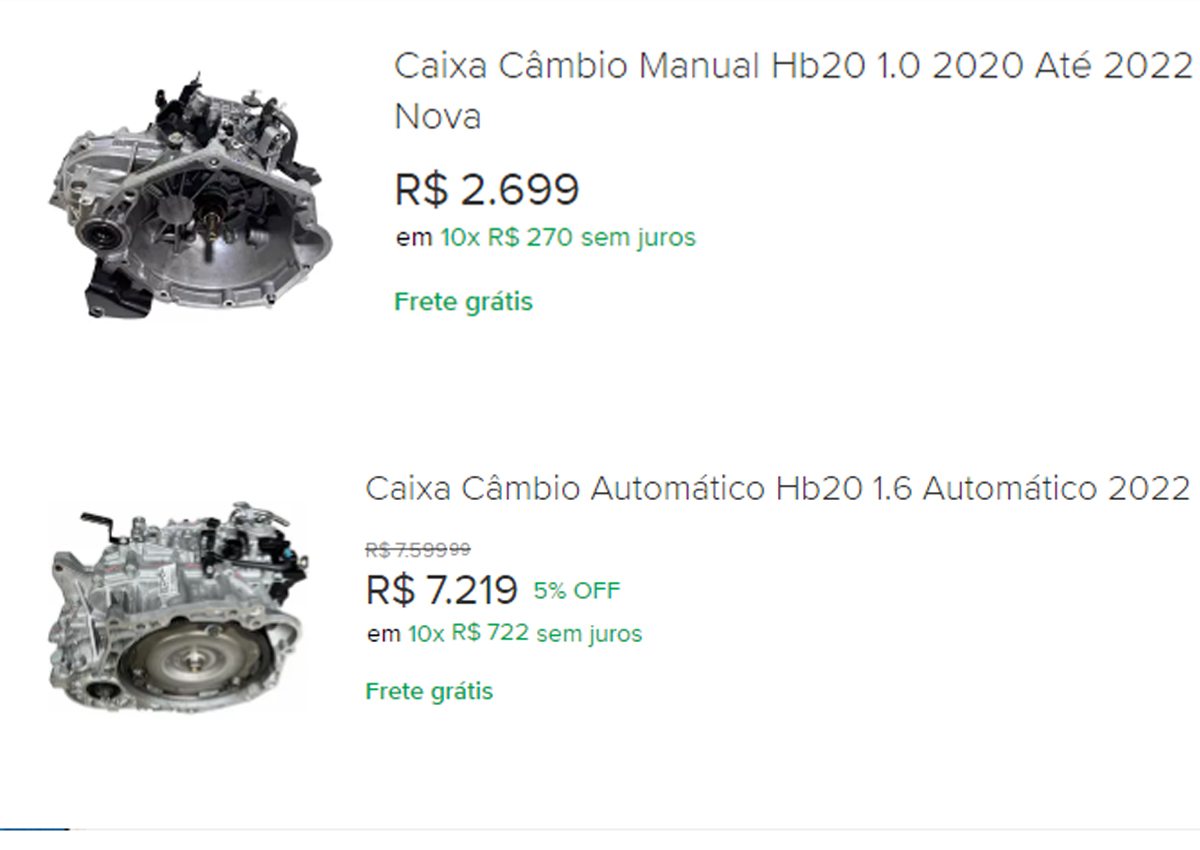 Diferença de preço entre câmbio manual e automático – Foto: Captura de tela/ Mercado Livre