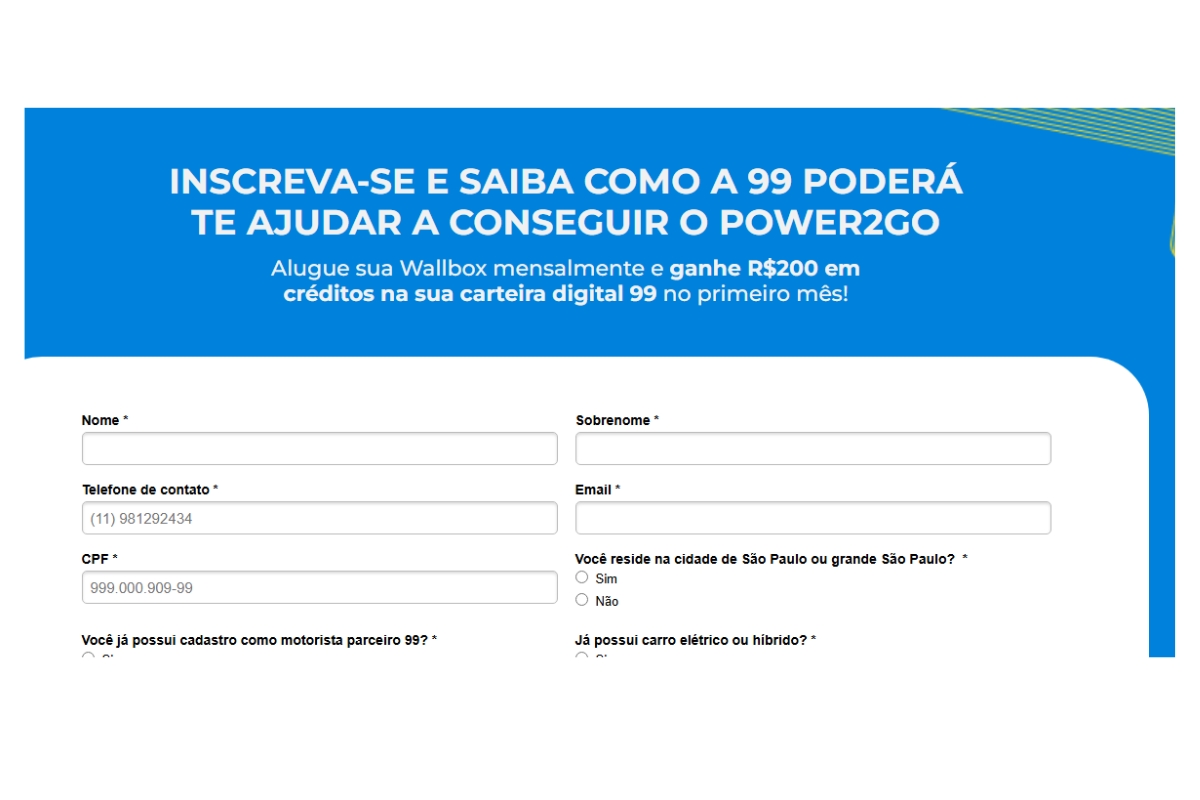 Formulário para ter direito ao aluguel de carregador de carro elétrico com desconto - Foto: print de tela - Garagem360