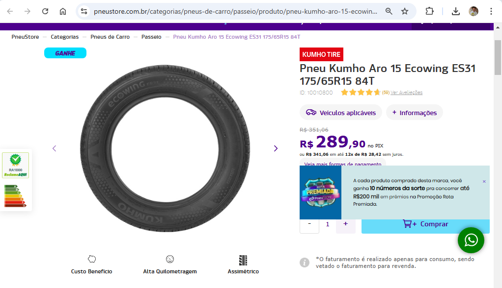 Pneu Kumho - Captura de Tele Pneustore