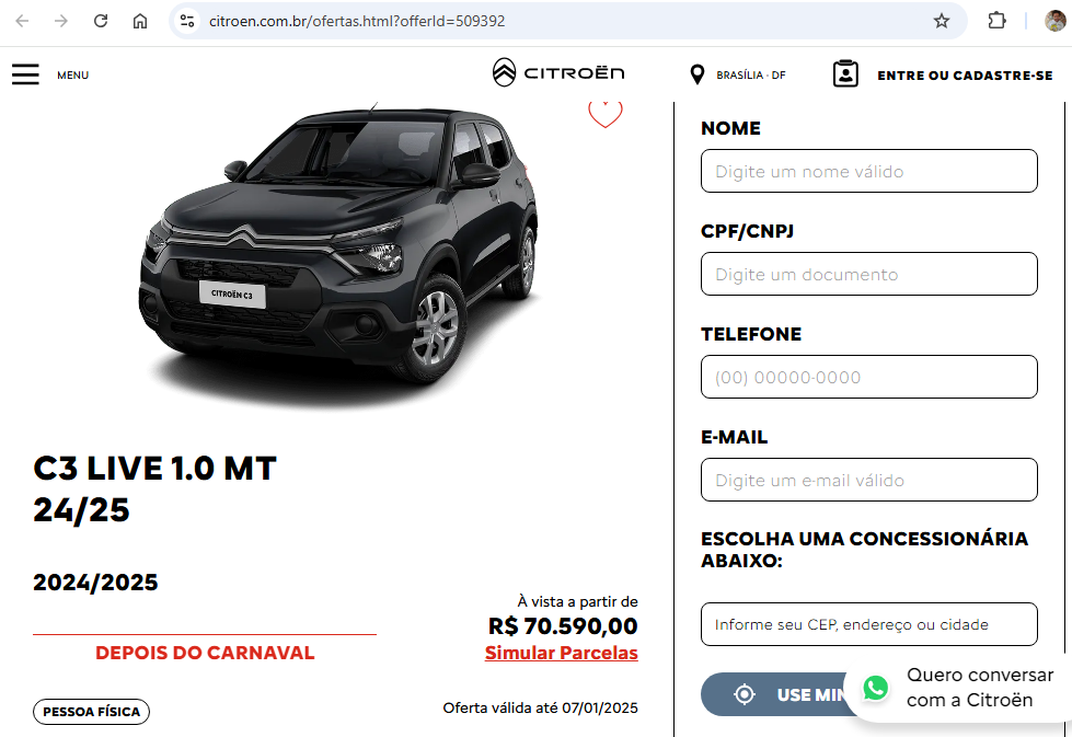 Citroën C3 Live 1.0 MT é um dos carros 0 km que dá para comprar com menos de R$ 2 mil de parcela - Foto: Captura de tela