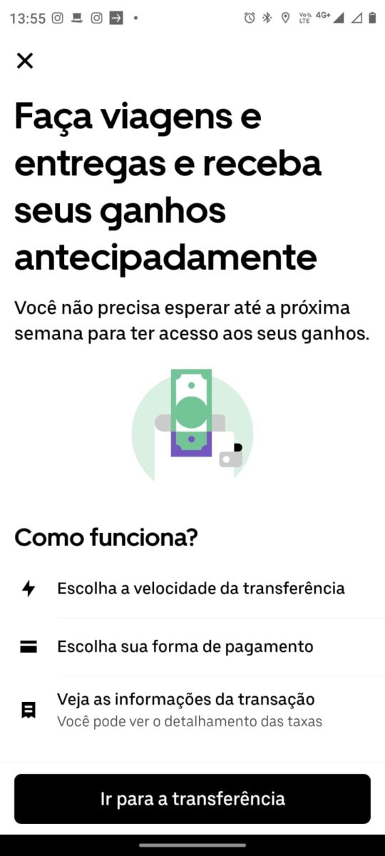 Antecipação de valores Uber- Captura de tela