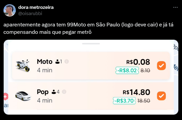 Uber E 99 Táxi de motocicleta com tarifa sob R $ 1 - Imagem: Reprodução