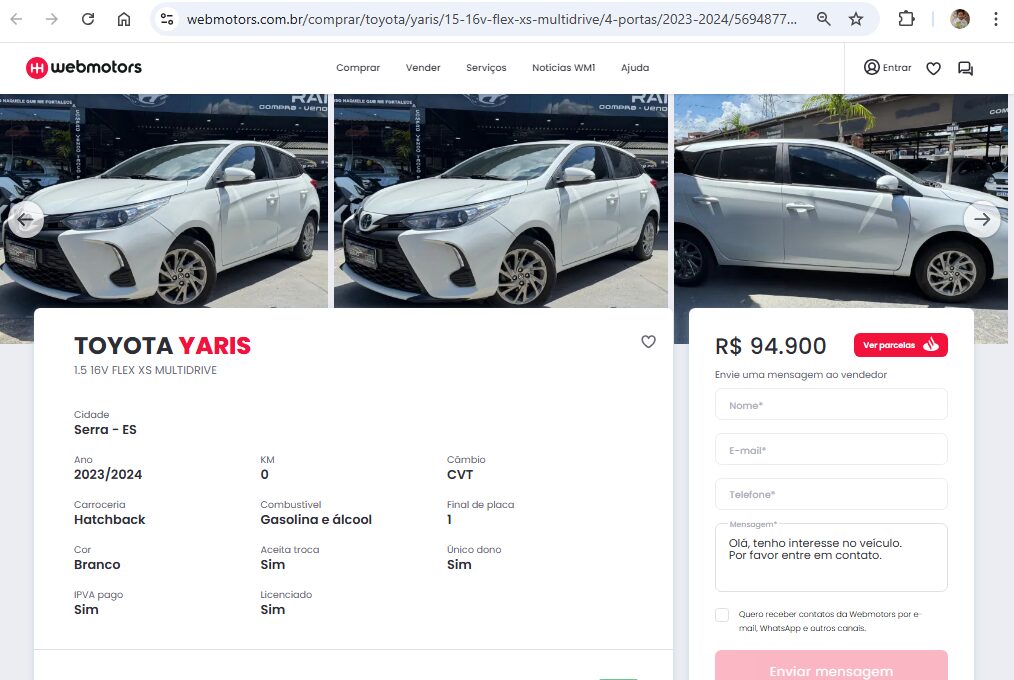 Toyota Yaris hatch 0 km por R$ 94.990 - Foto: Captura de tela