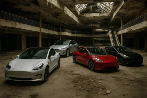 Deu a louca no Musk? Tesla estaciona centenas de carros novos em shopping abandonado