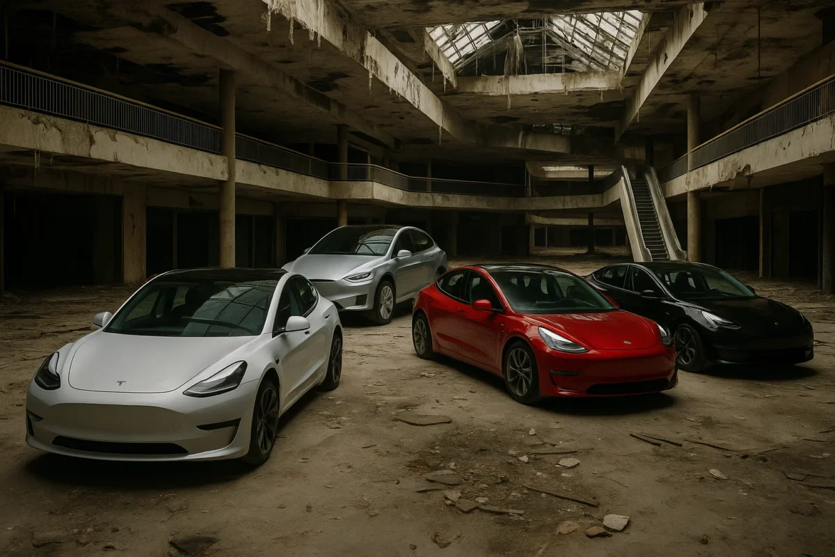 Deu a louca no Musk? Tesla estaciona centenas de carros novos em shopping abandonado