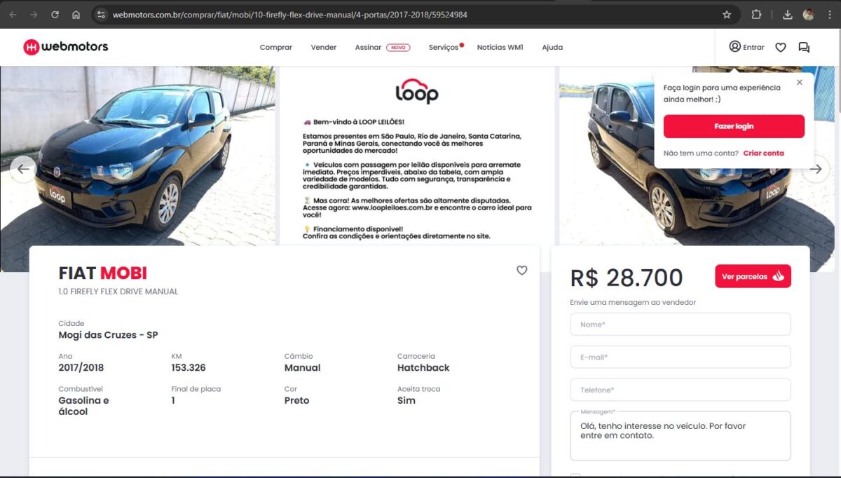 Fiat Mobi usado por R$ 28.700 - Imagem Loop Leilões