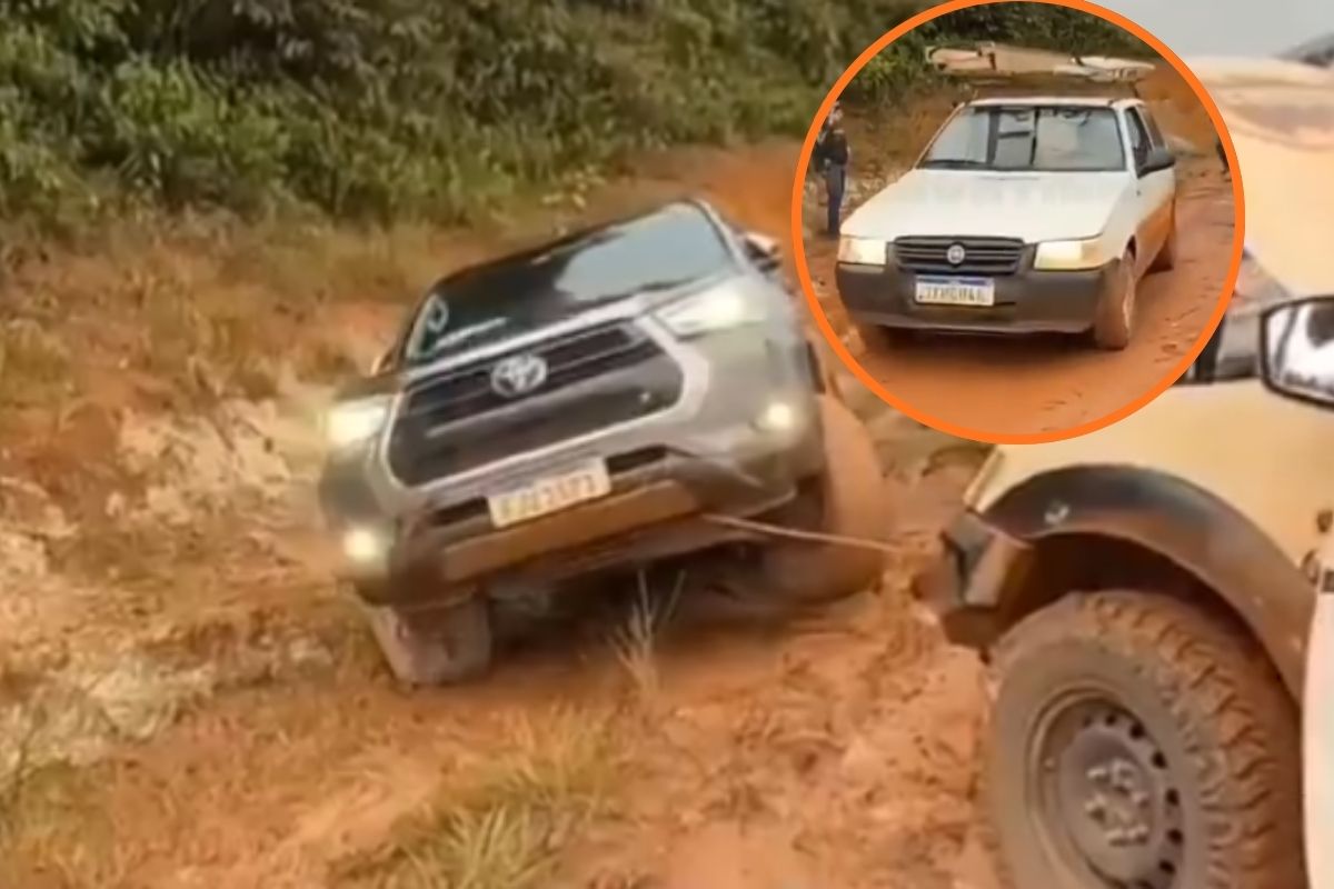 Aconteceu na Transamazônica: Fiat Uno com escada deixa Hilux atolada para trás
