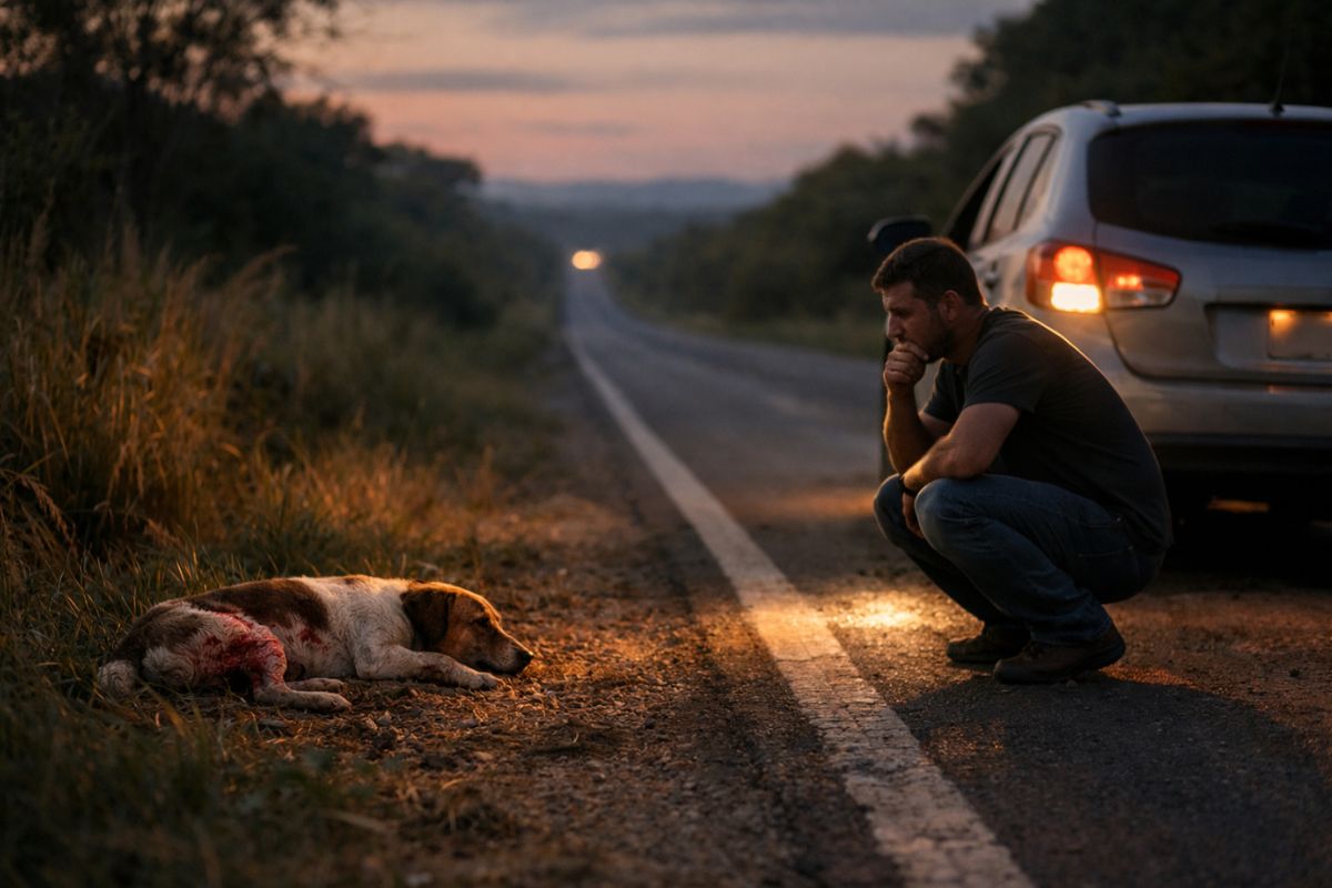 Um homem parado no acostamento após atropelar um animal