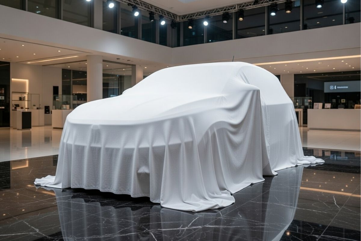 Novo Fiat Argo coberto por um lenço branco