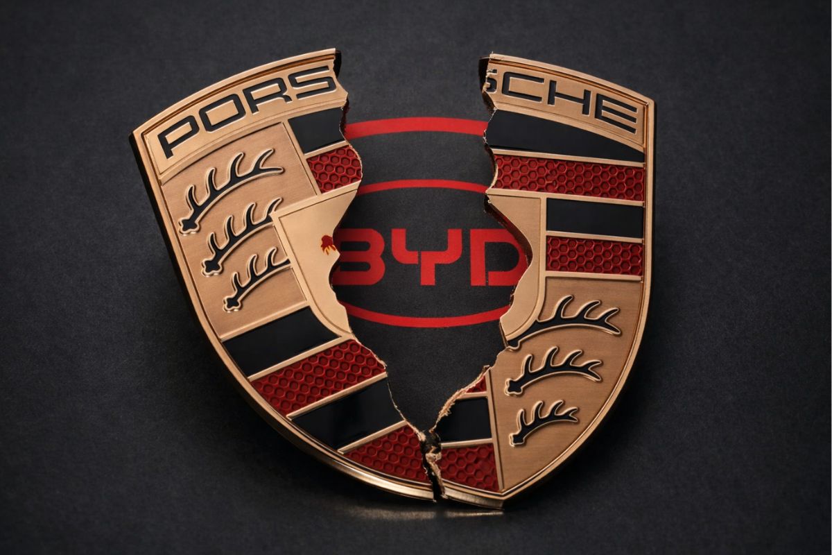 Logo da Porsche quebrado, ao fundo aparece o logo da BYD