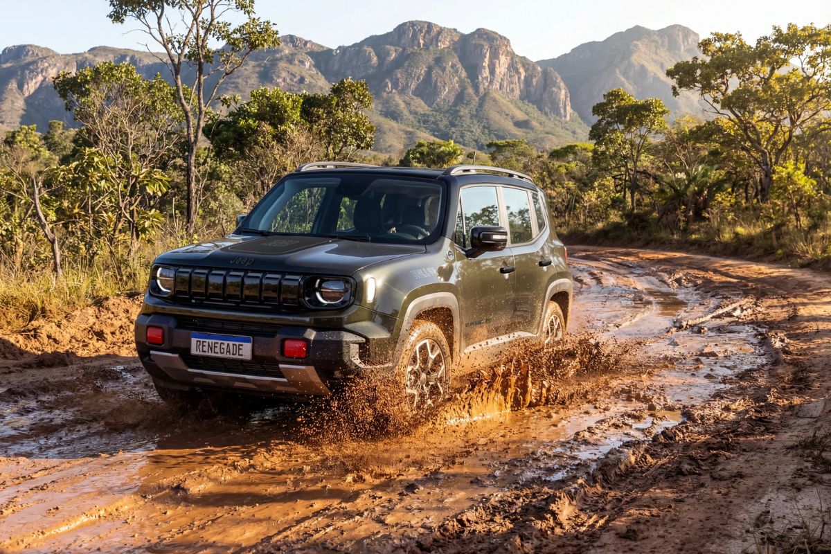 Jeep Renegade na estrada de terra e lama