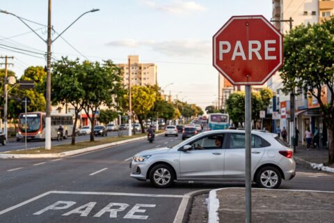 Passar pela placa PARE sem imobilizar o veículo é infração gravíssima pelo artigo 208 do CTB, com multa de R$ 293,47 e 7 pontos, mesma punição do sinal vermelho